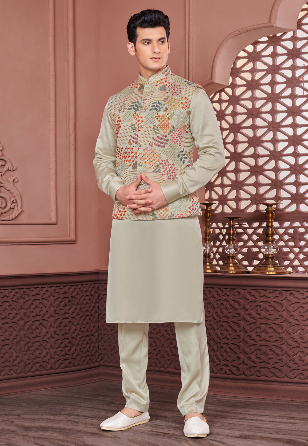 Green Banarasi Silk Kurta Pajama With Jacket 278258