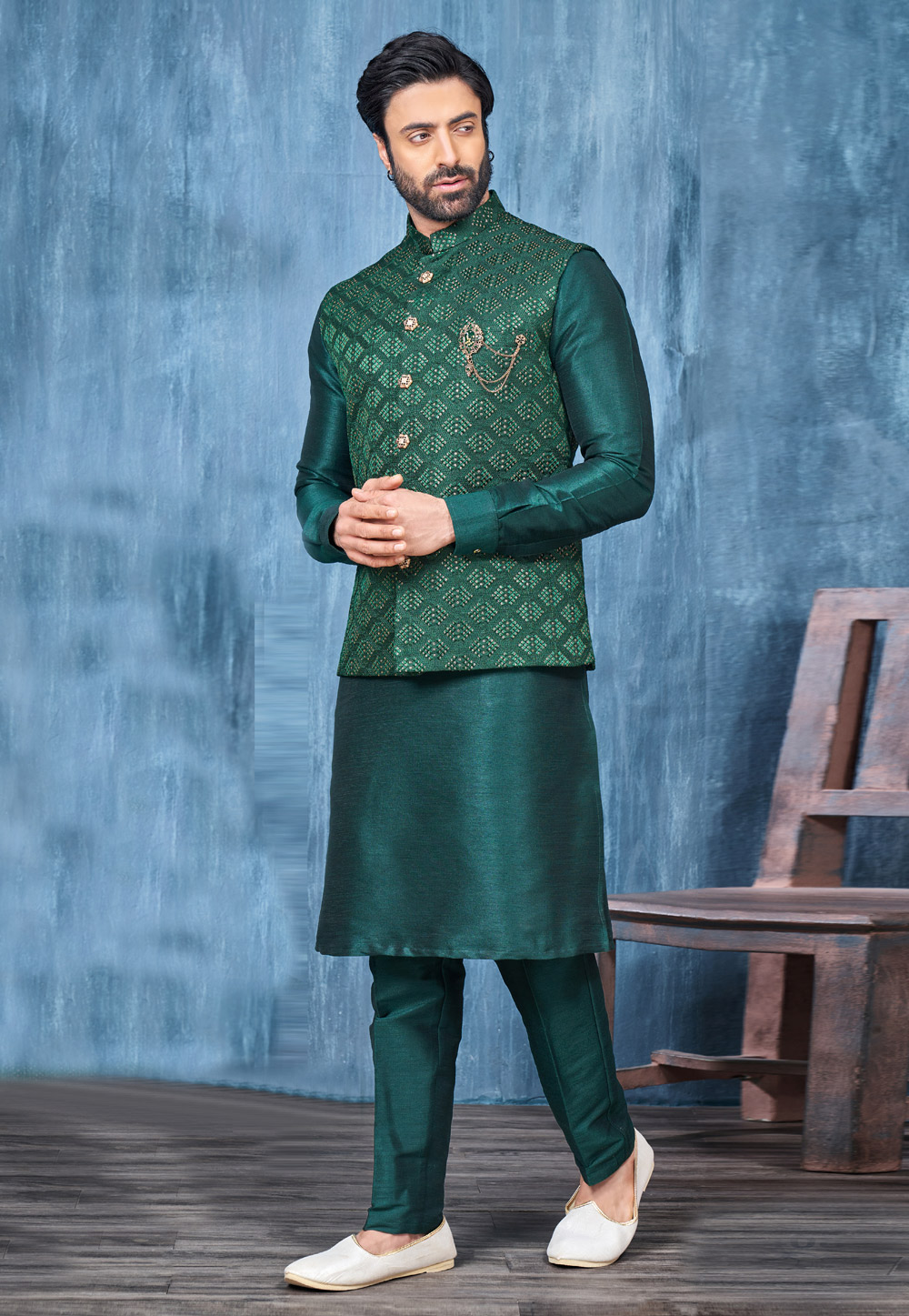 Green Banarasi Silk Kurta Pajama With Jacket 278281