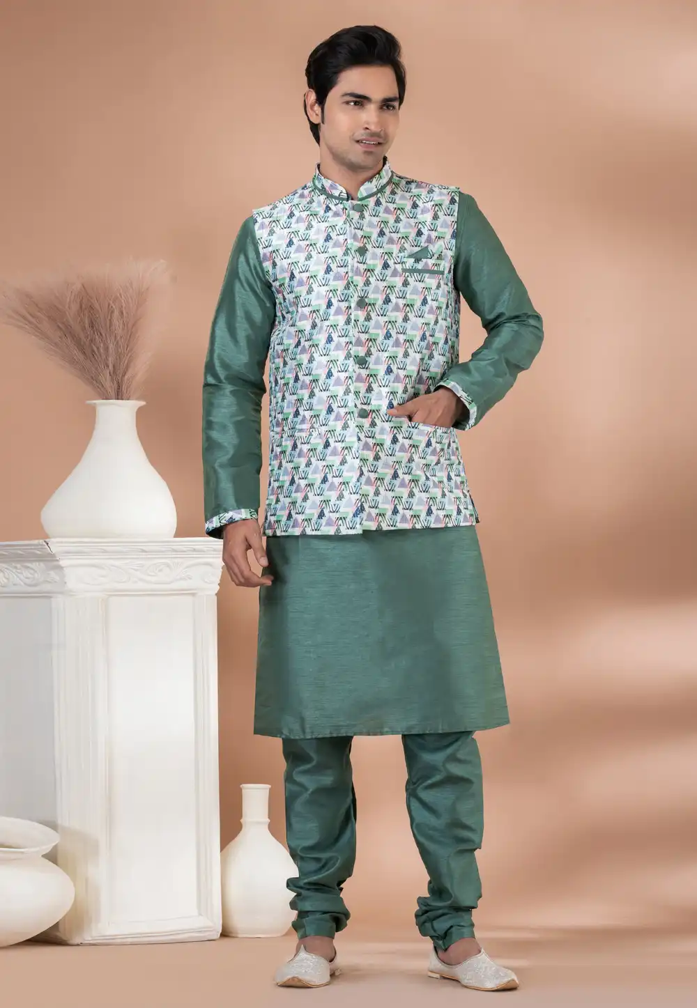 Green Banarasi Silk Kurta Pajama With Jacket 288687