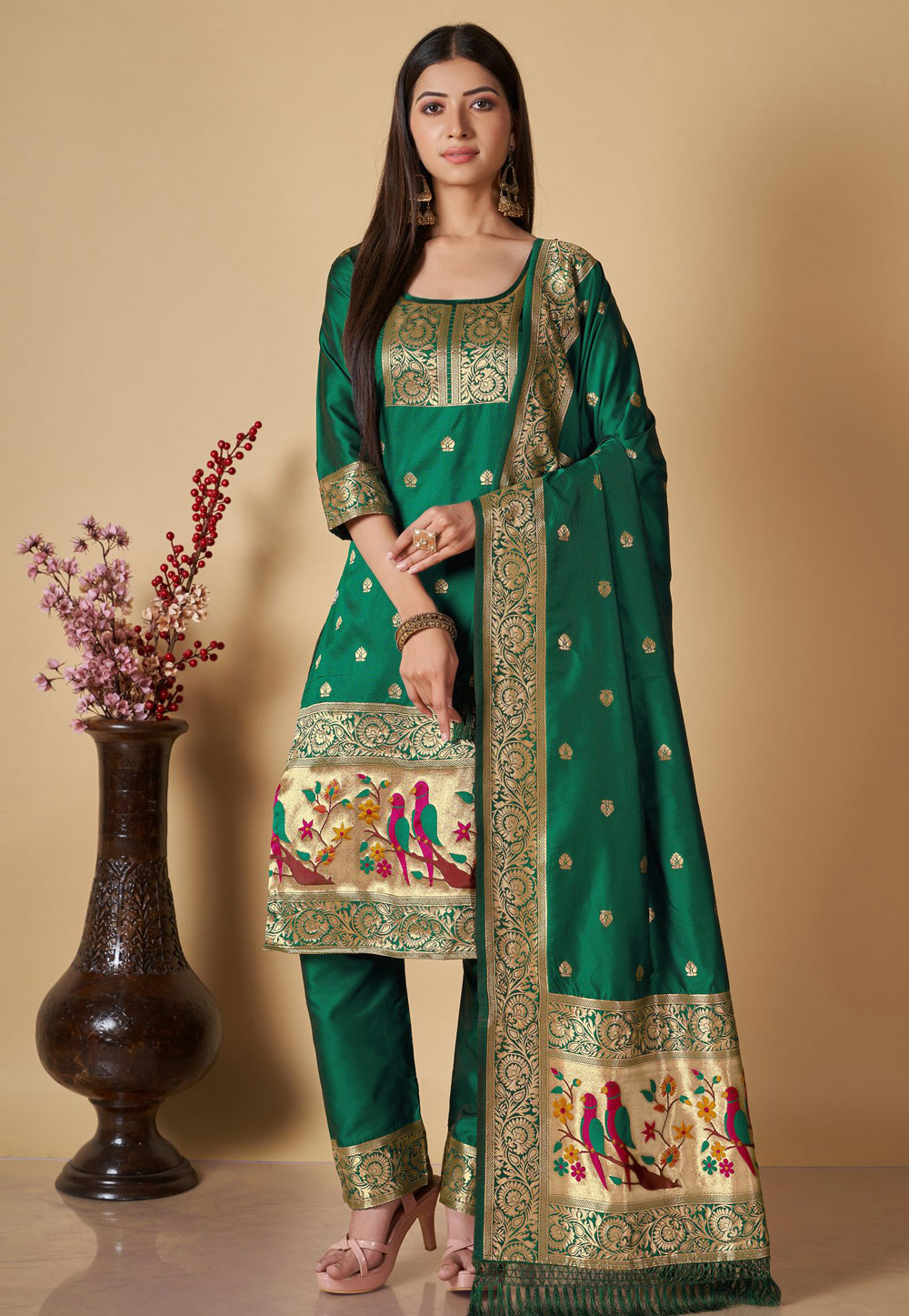 Green Banarasi Silk Pakistani Suit 285417