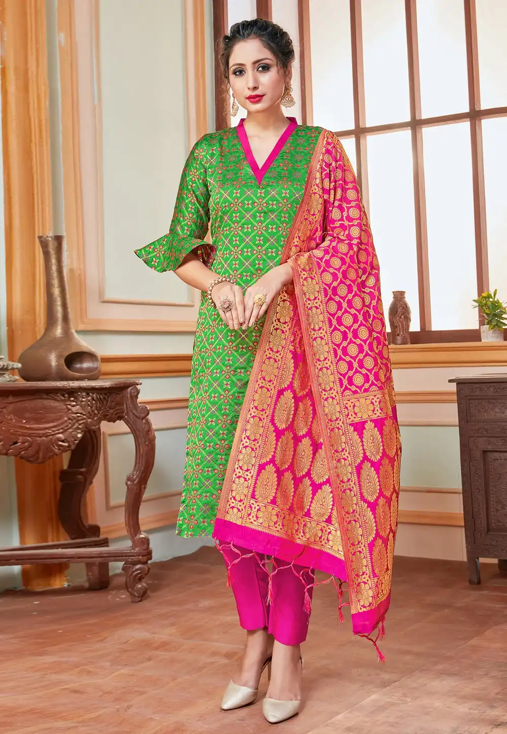 Green Banarasi Silk Readymade Pant Style Suit 288939