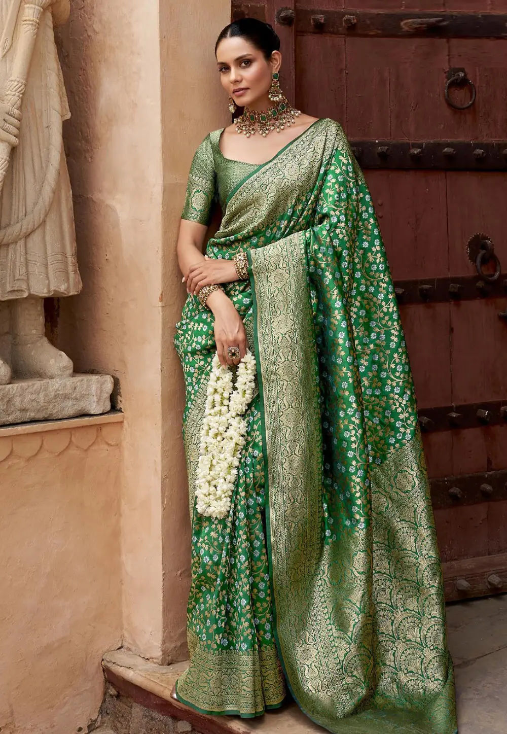 Green Banarasi Silk Saree With Blouse 298856