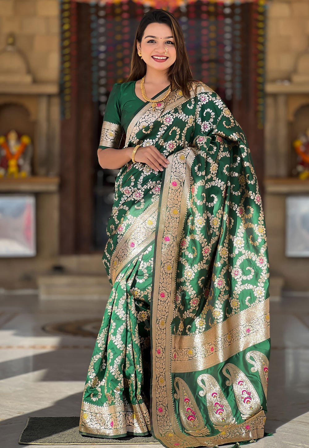 Green Banarasi Silk Saree With Blouse 306549