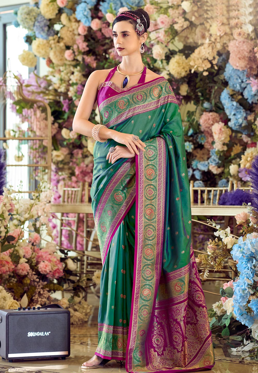 Green Banarasi Silk Saree With Blouse 305004