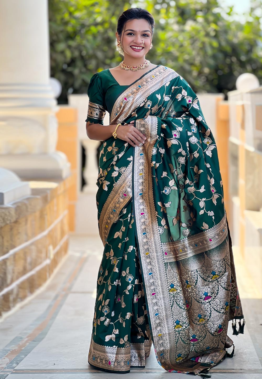 Green Banarasi Silk Saree With Blouse 305593