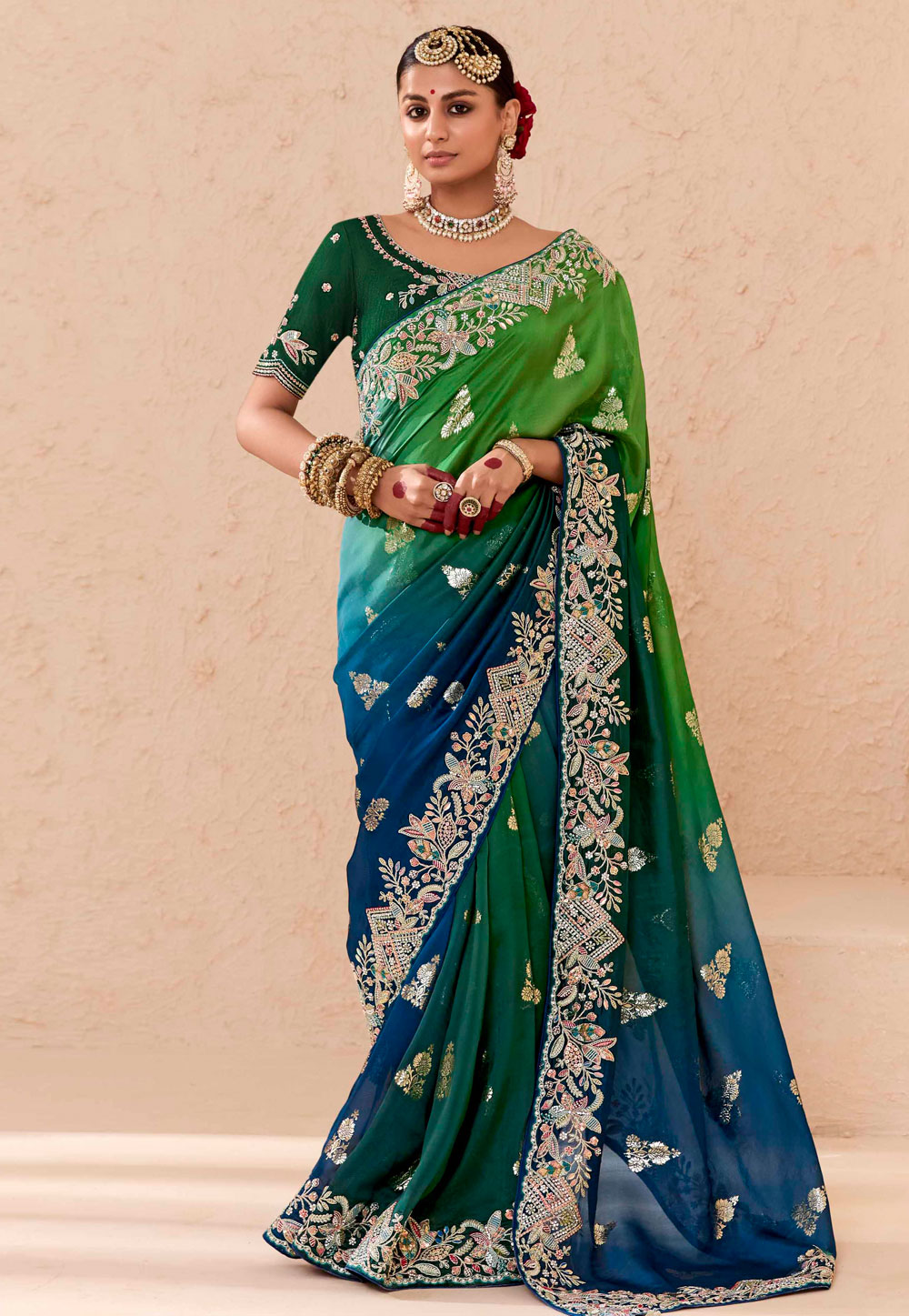 Green Bemberg Half N Half Saree 305405