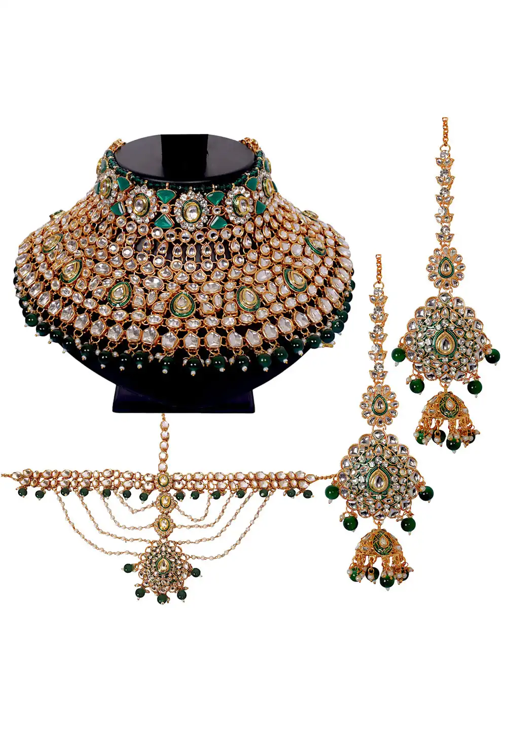 Green Brass Austrian Diamonds and Kundan Necklace Set With Earrings and Maang Tikka 292916