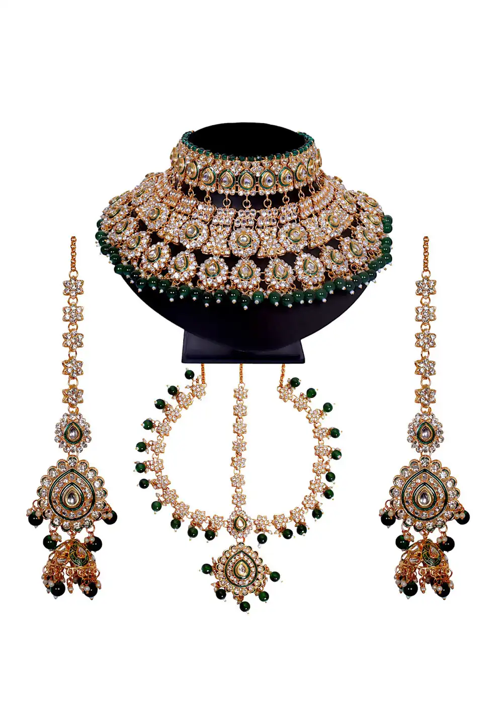 Green Brass Austrian Diamonds and Kundan Necklace Set With Earrings and Maang Tikka 292930