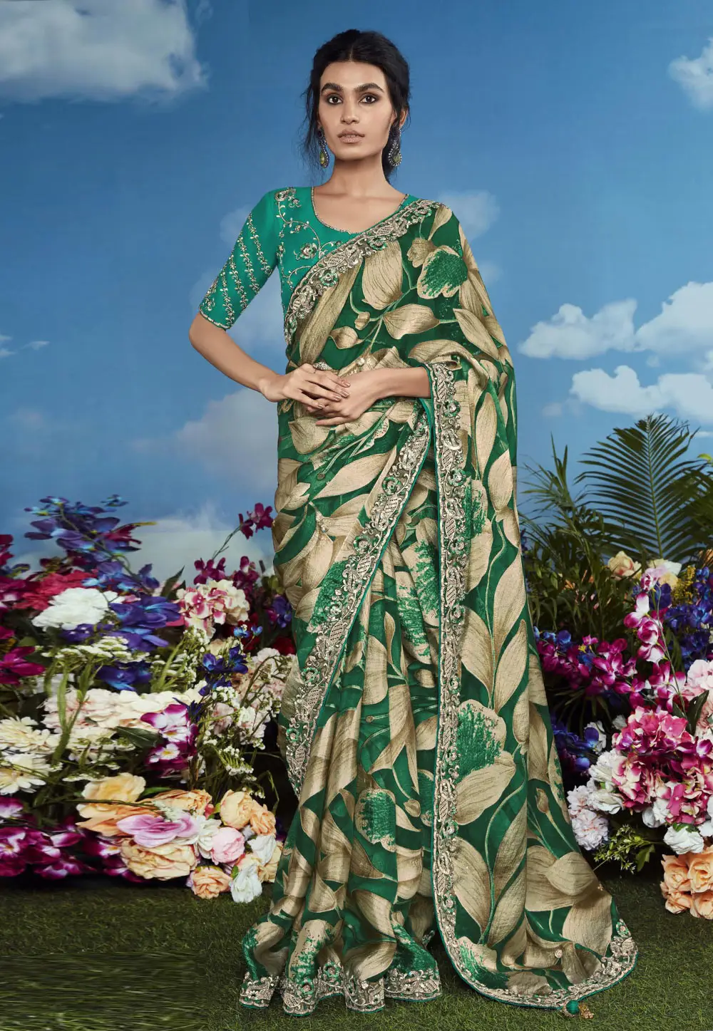 Green Brasso Saree With Blouse 296139