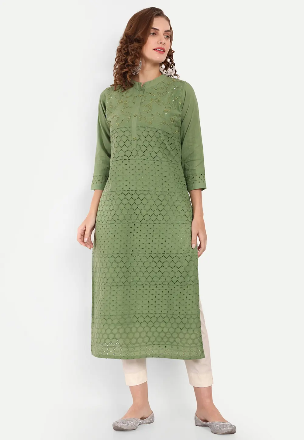 Green Cambric Cotton Long Kurti 300495