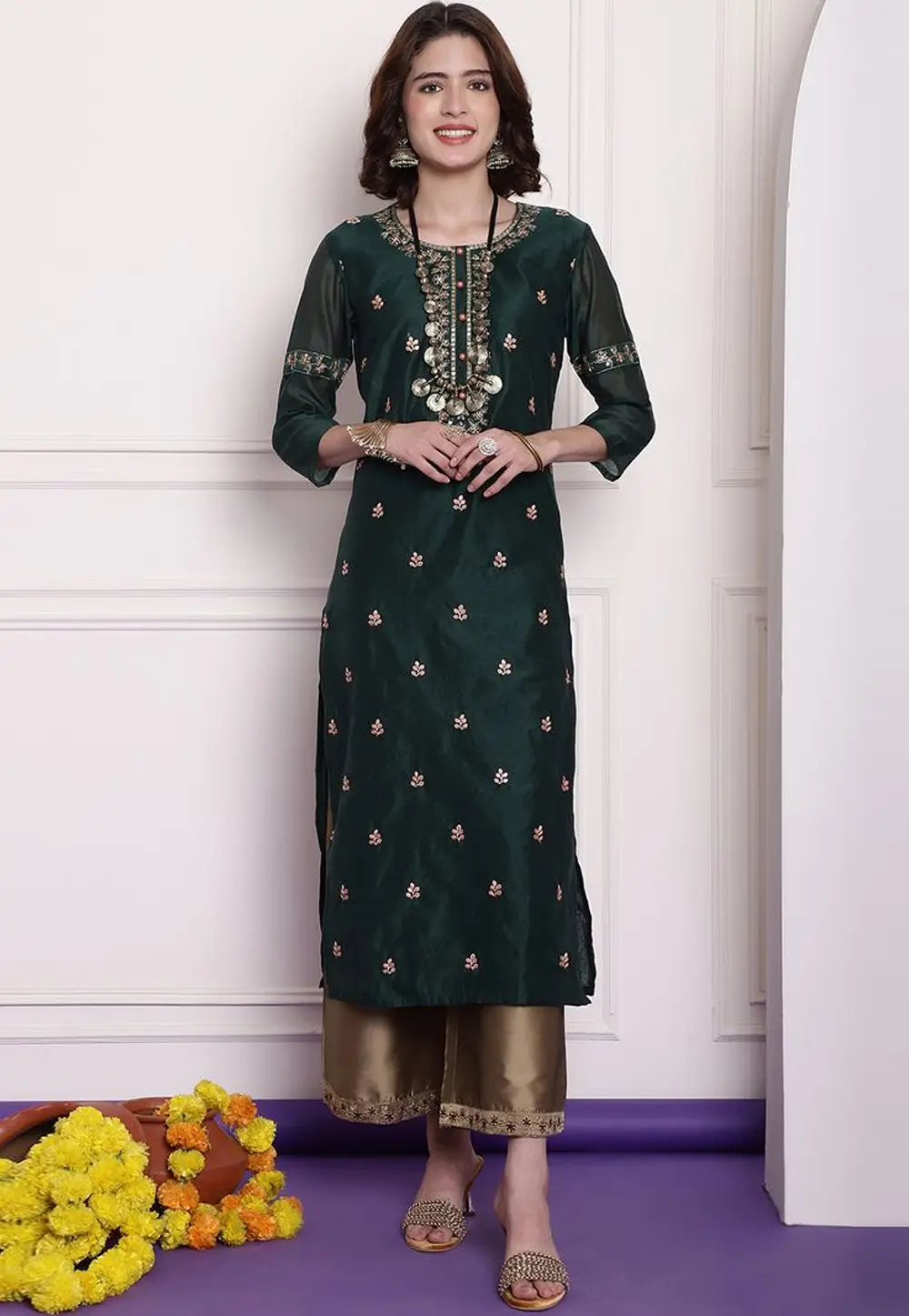 Green Chanderi Long Kurti 303982