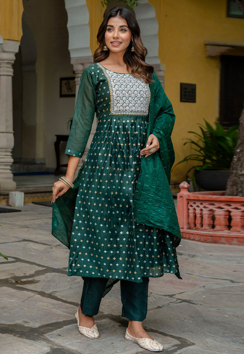 Green Chanderi Readymade Anarkali Suit 310197