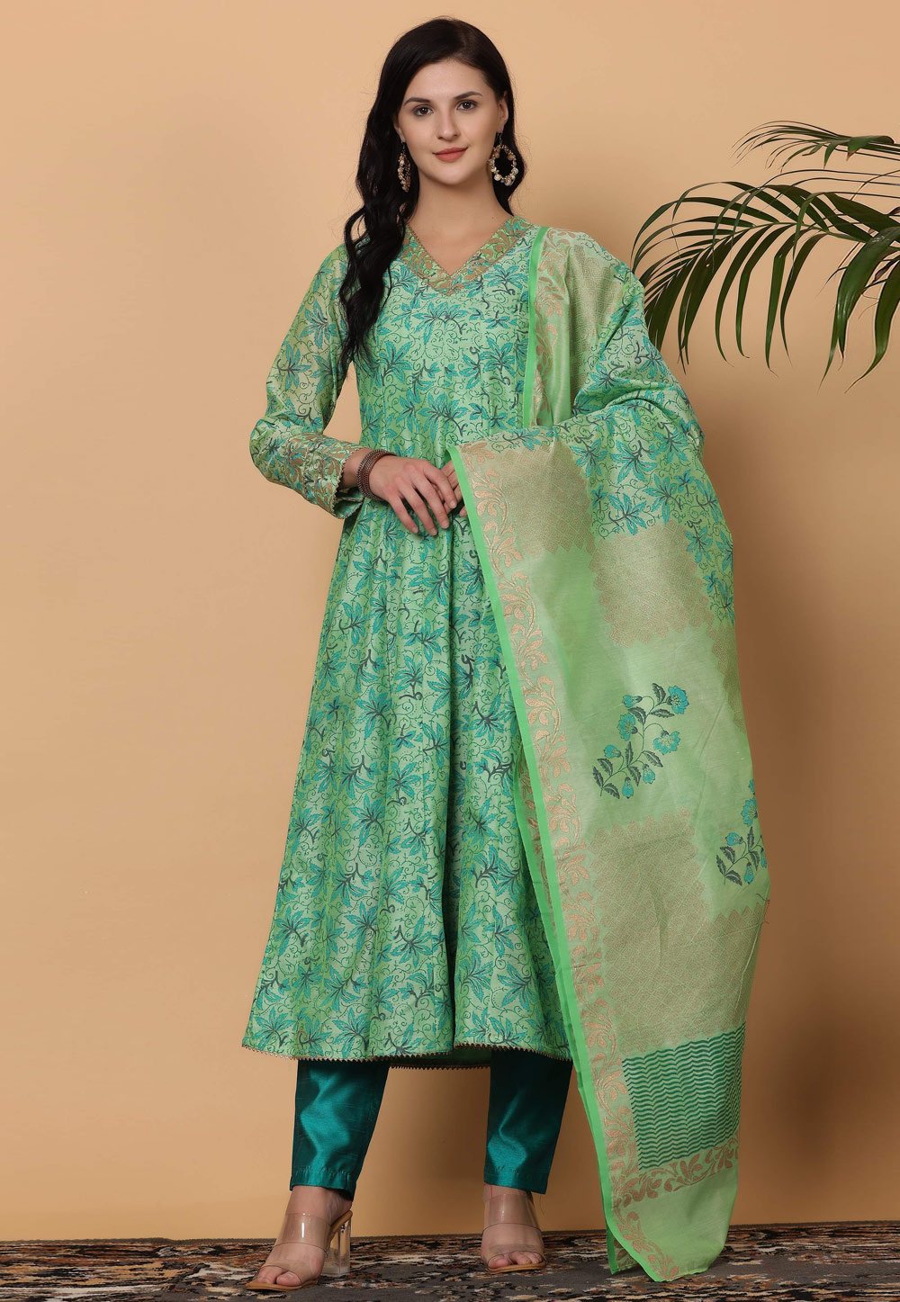 Green Chanderi Readymade Anarkali Suit 305410