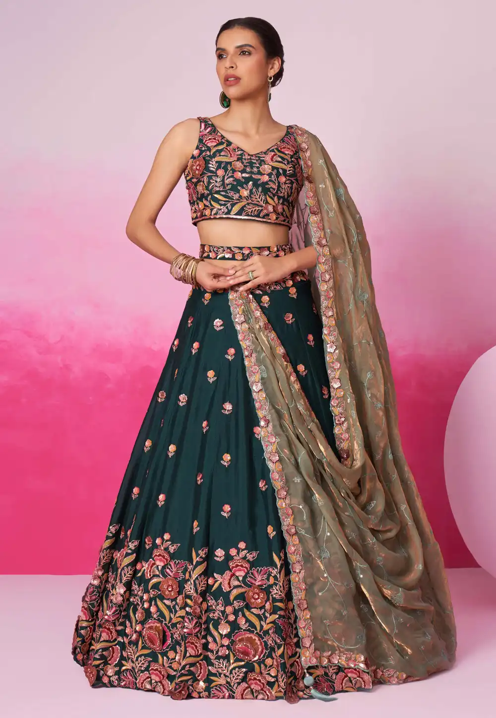 Green Chiffon Circular Lehenga Choli 293196