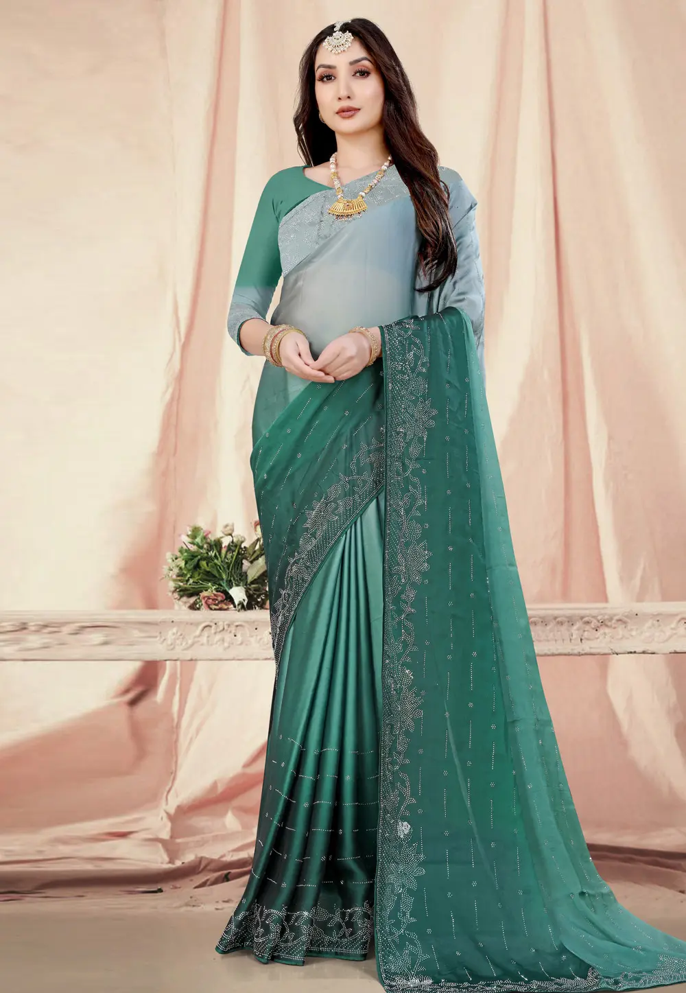 Green Chiffon Half N Half Saree 302518