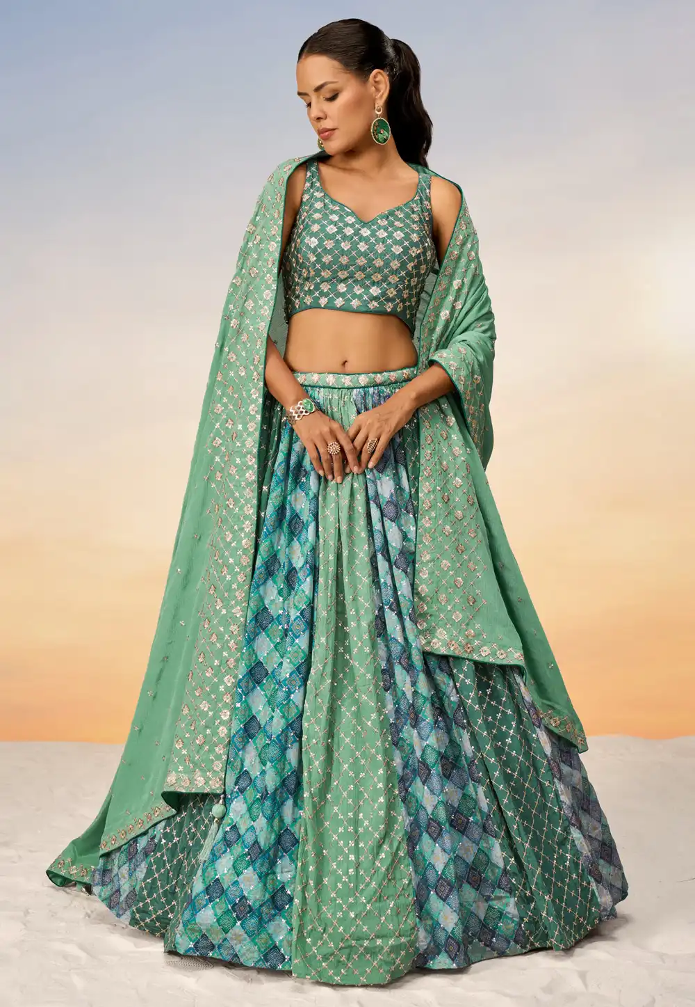 Green Chiffon Lehenga Choli 288805