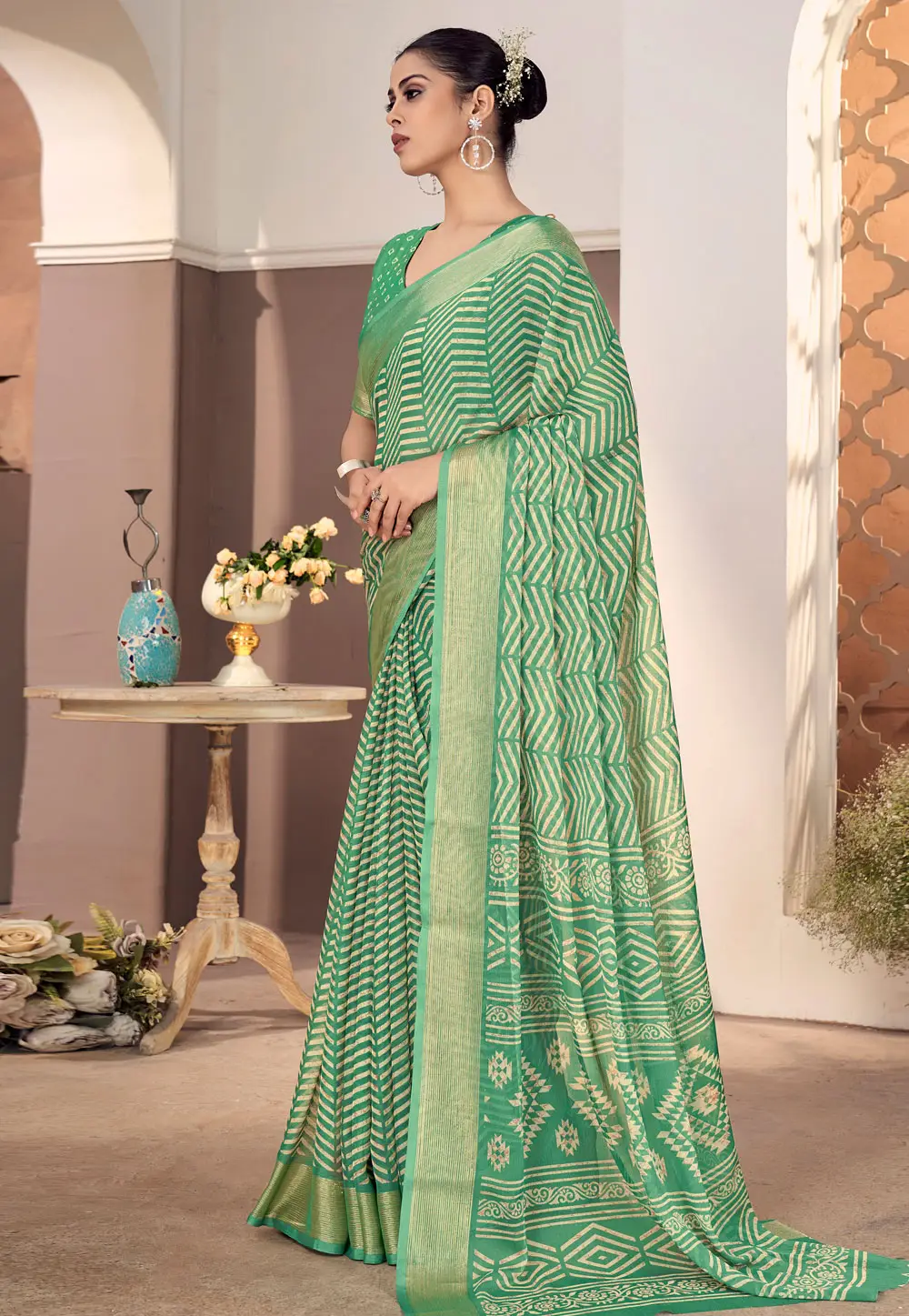 Green Chiffon Saree With Blouse 296084