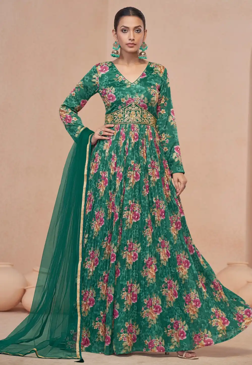 Green Chinon Anarkali Suit 290323