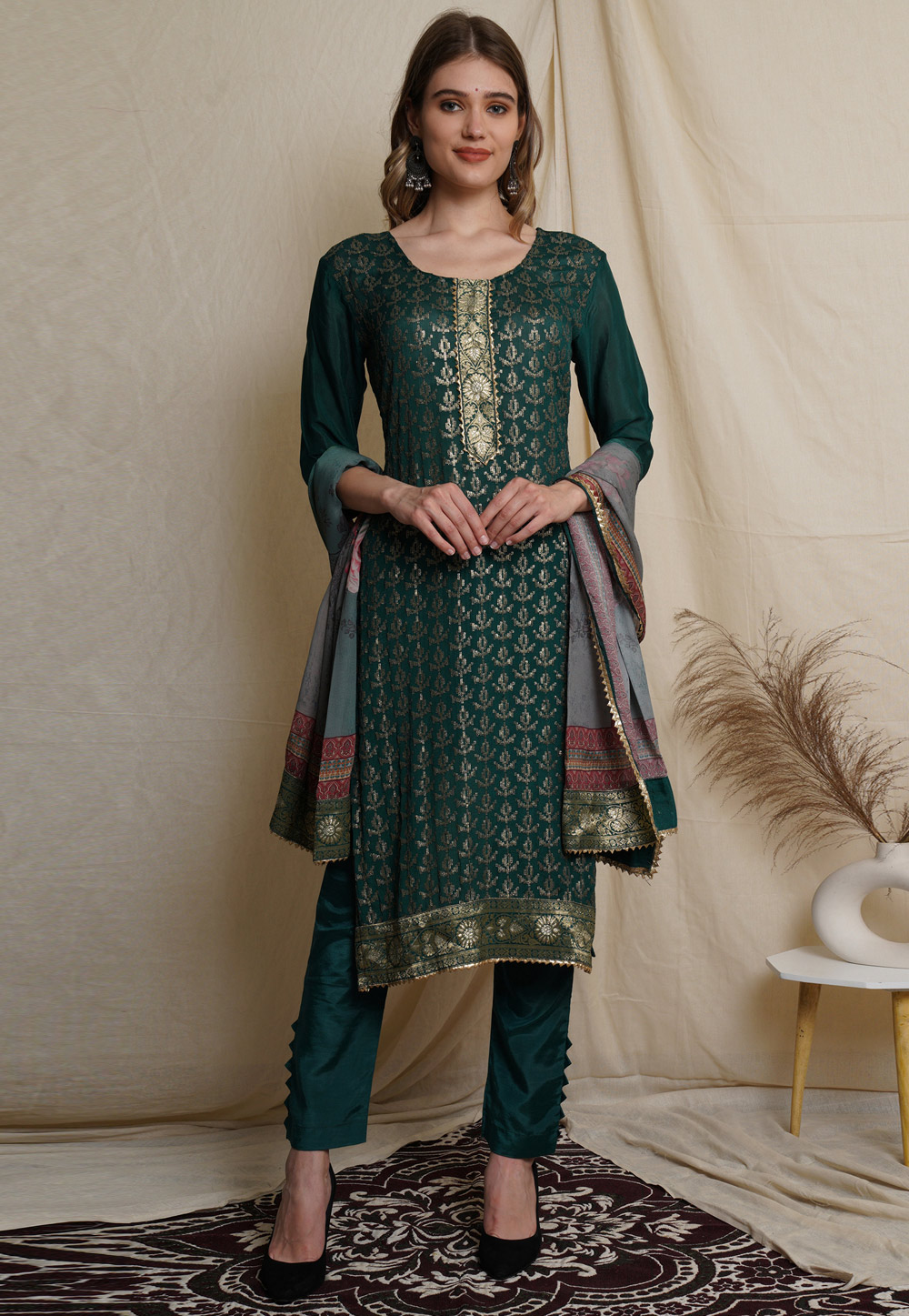 Green Chinon Chiffon Pant Style Suit 310433