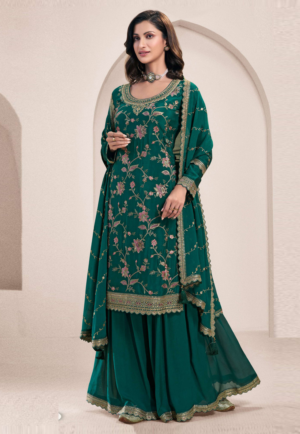 Green Chinon Embroidered Gharara Suit 305560