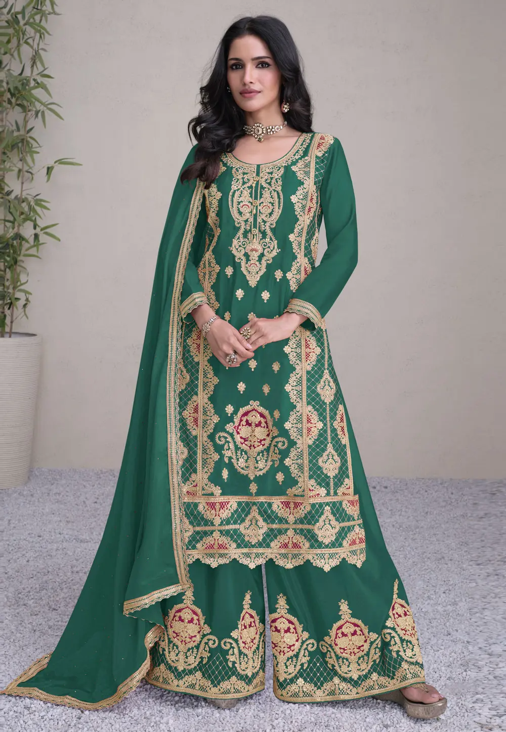 Green Chinon Embroidered Pakistani Suit 297581