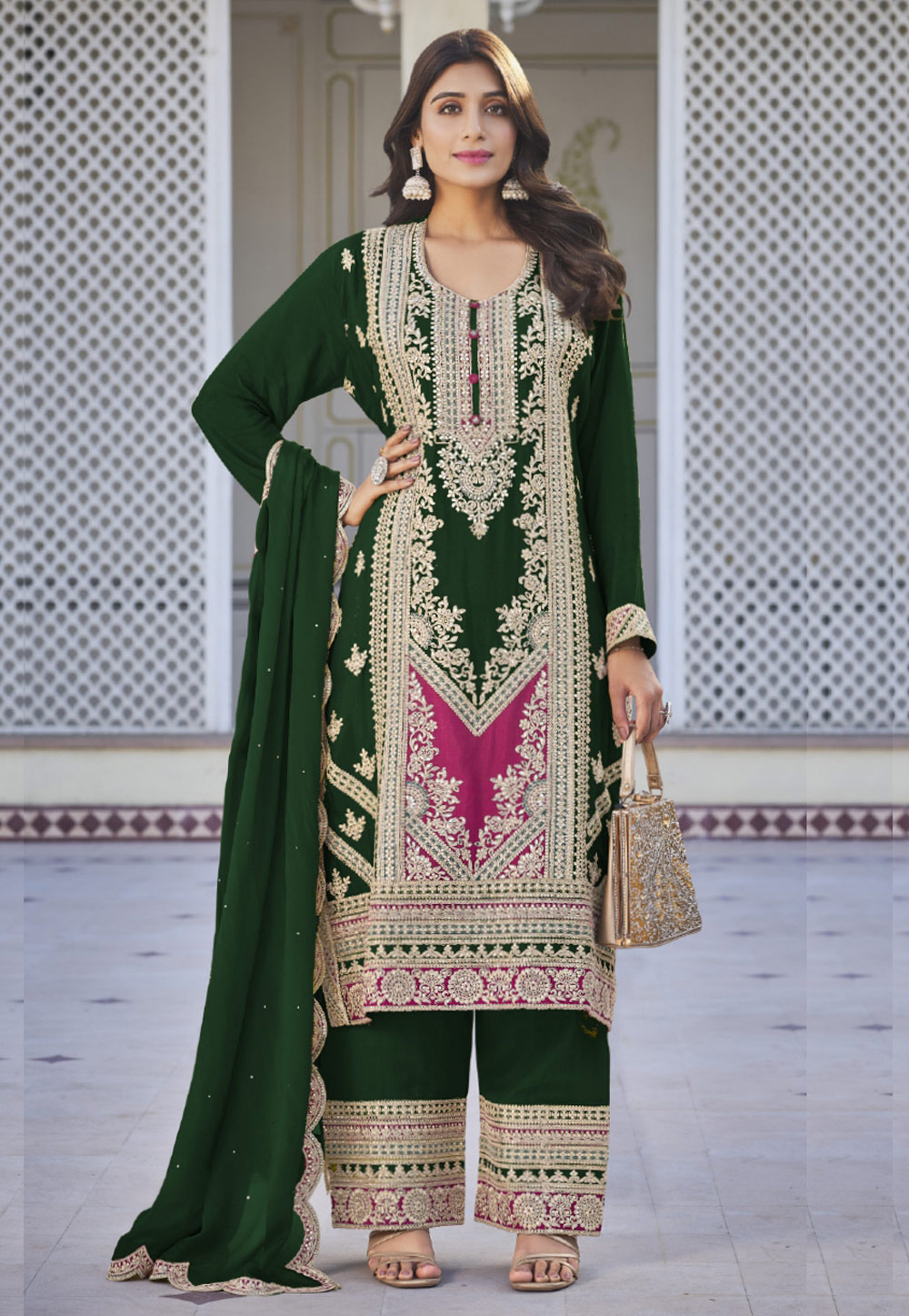 Green Chinon Embroidered Palazzo Suit 285169