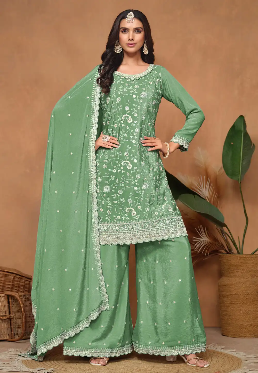 Green Chinon Embroidered Palazzo Suit 292163