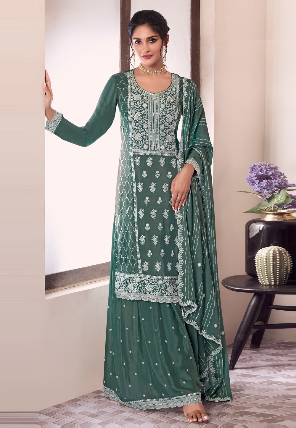 Green Chinon Gharara Suit 309734
