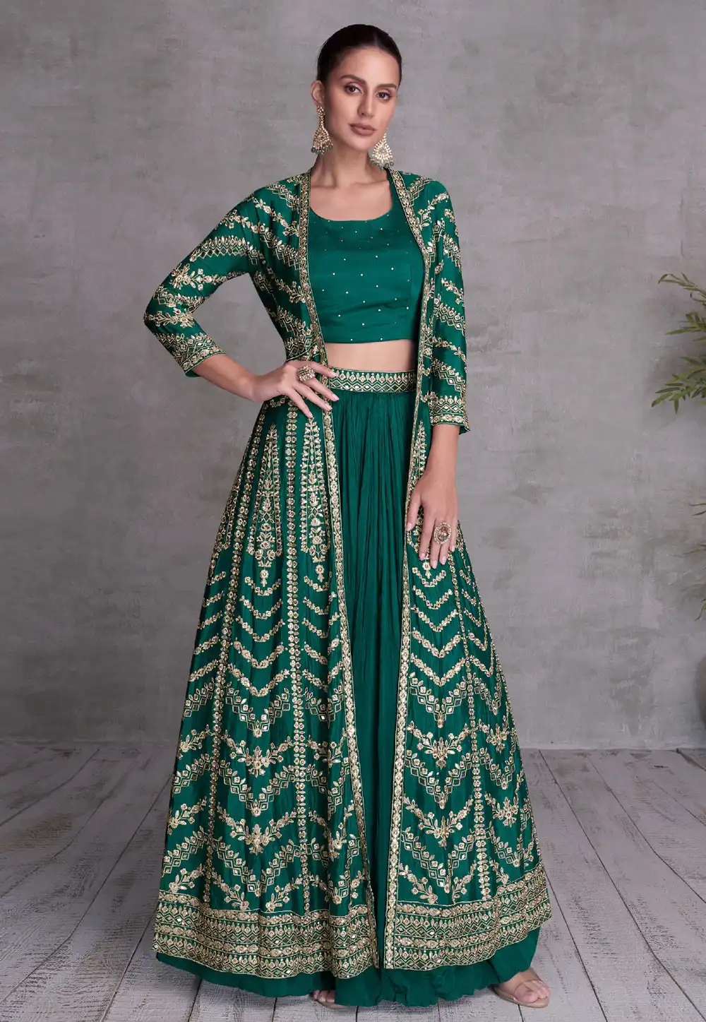 Green Chinon Jacket Style Lehenga Choli 293183