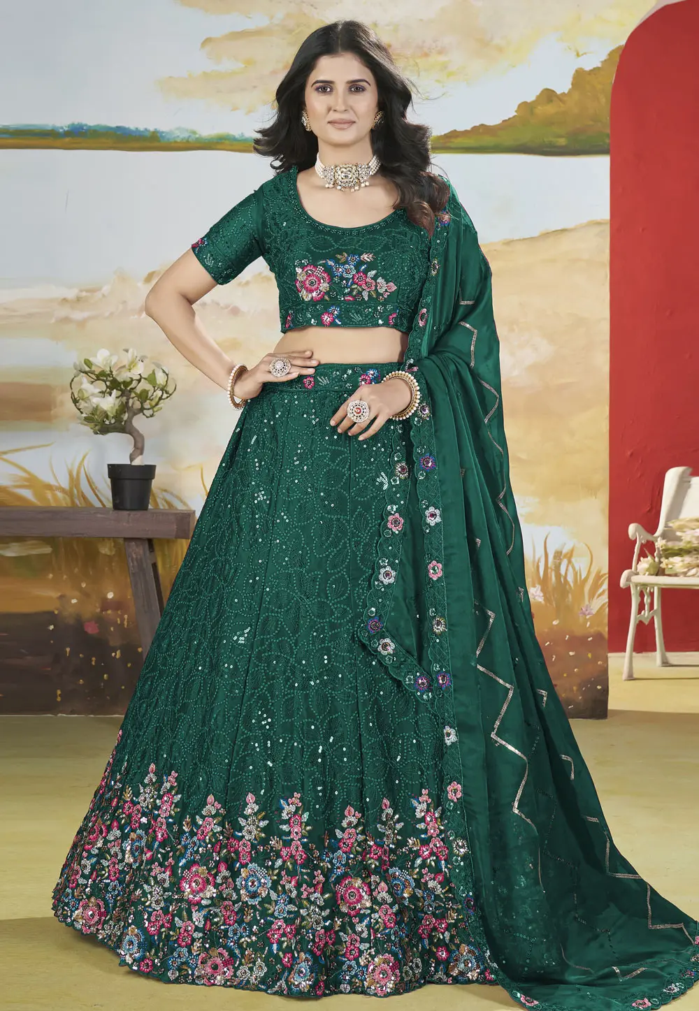 Green Chinon Lehenga Choli 302929