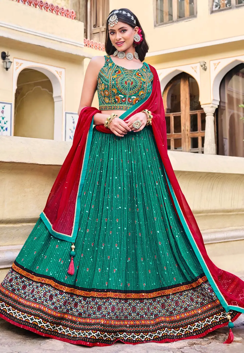 Green Chinon Lehenga Choli 296043