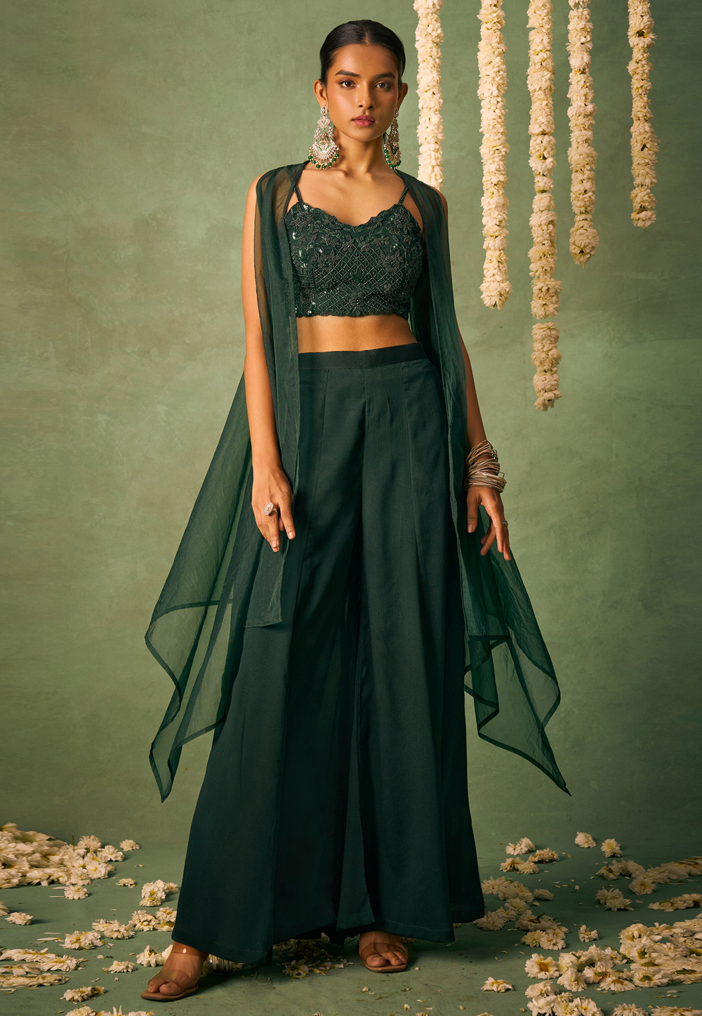 Green Chinon Palazzo With Crop Top 305498