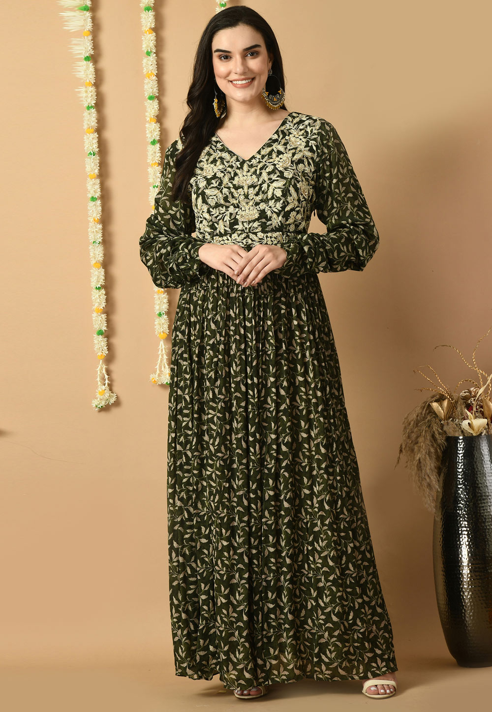 Green Chinon Printed Gown 305482