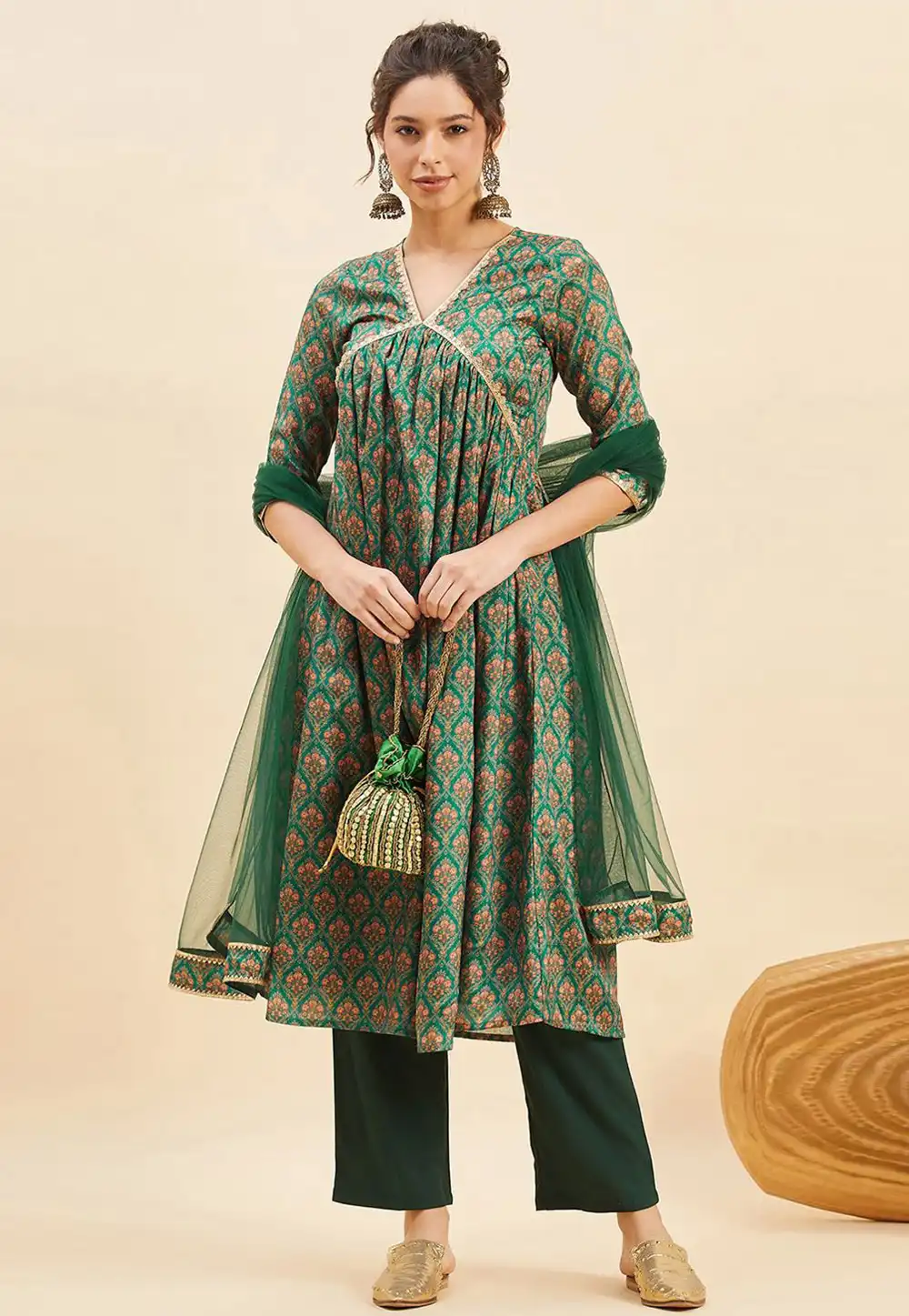 Green Chinon Readymade Pakistani Suit 289433