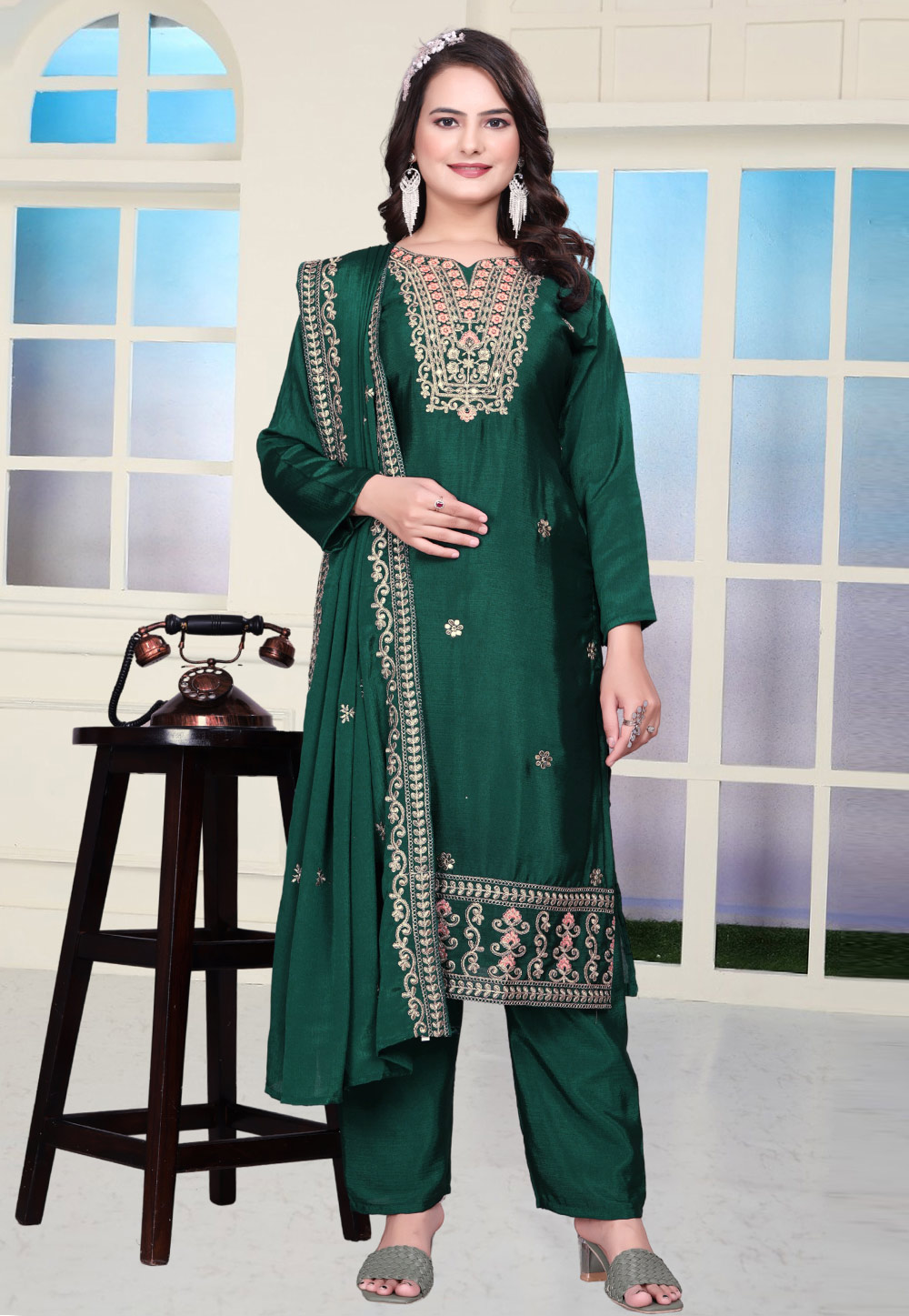 Green Chinon Readymade Pant Style Suit 309954