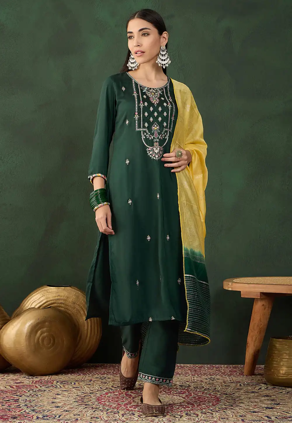 Green Chinon Readymade Pant Style Suit 293519