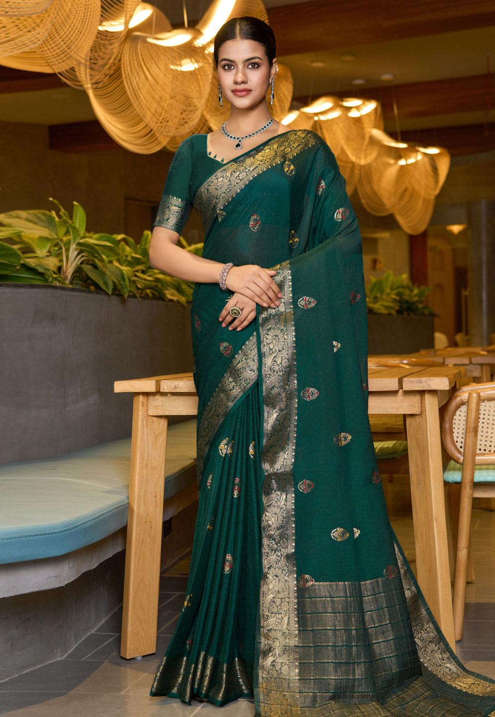 Green Chinon Saree With Blouse 309640