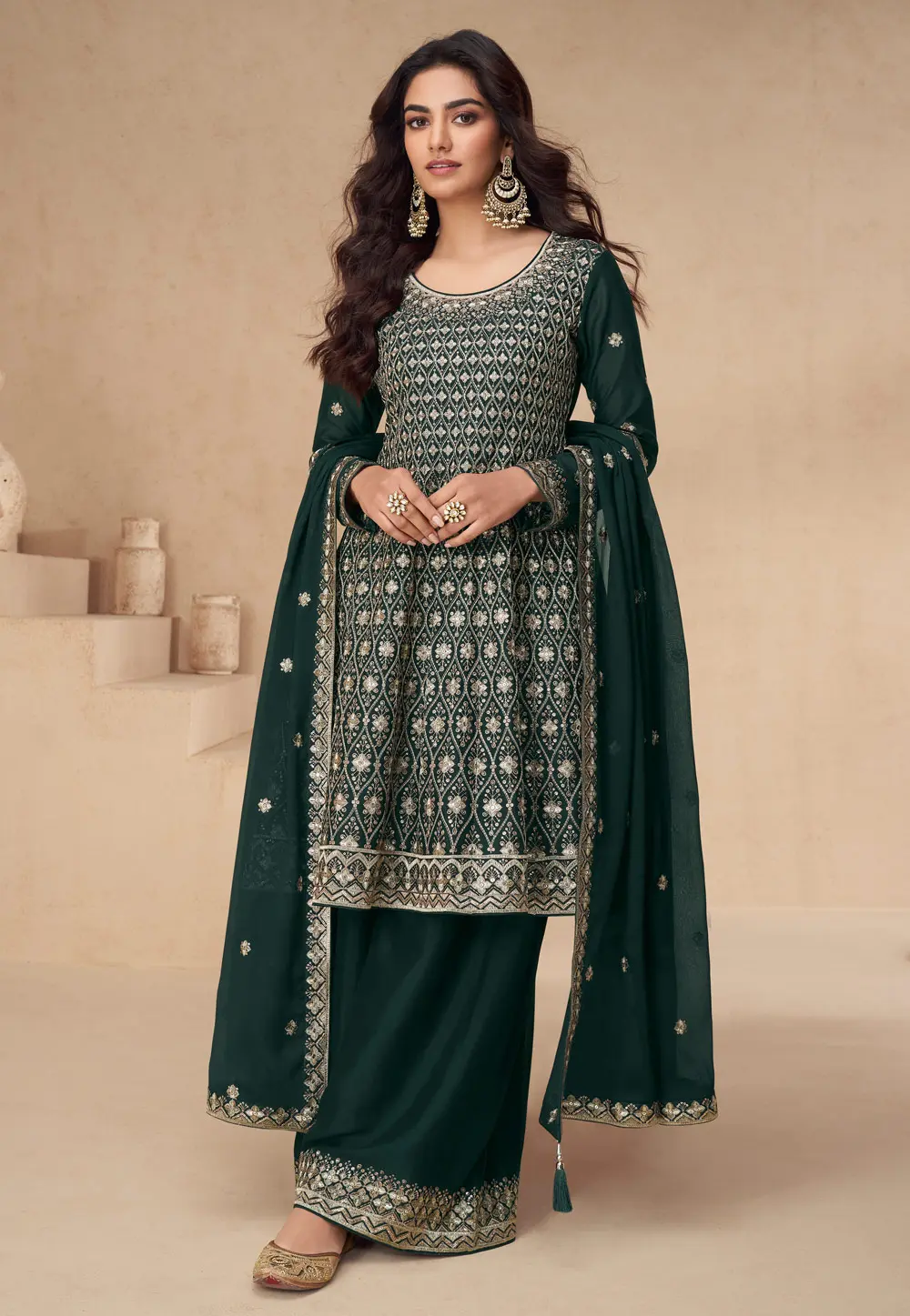 Green Chinon Silk Embroidered Palazzo Suit 300389