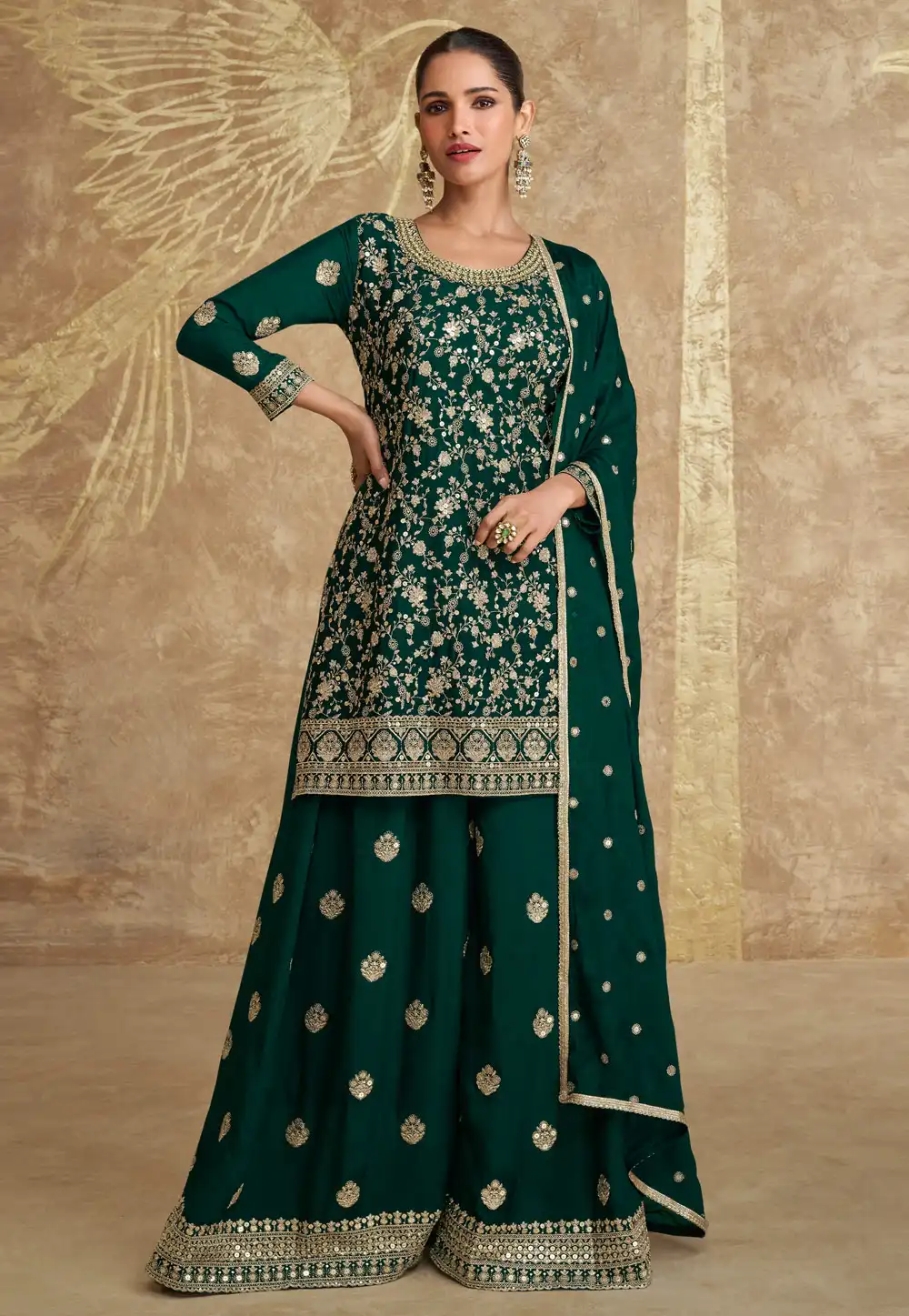 Green Chinon Silk Embroidered Palazzo Suit 294416