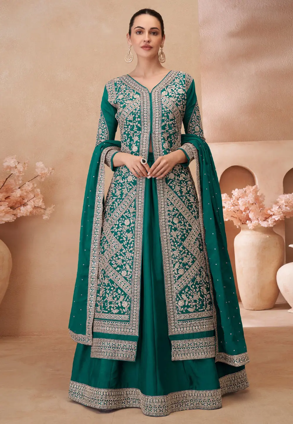 Green Chinon Silk Indo Western Lehenga Choli 303685