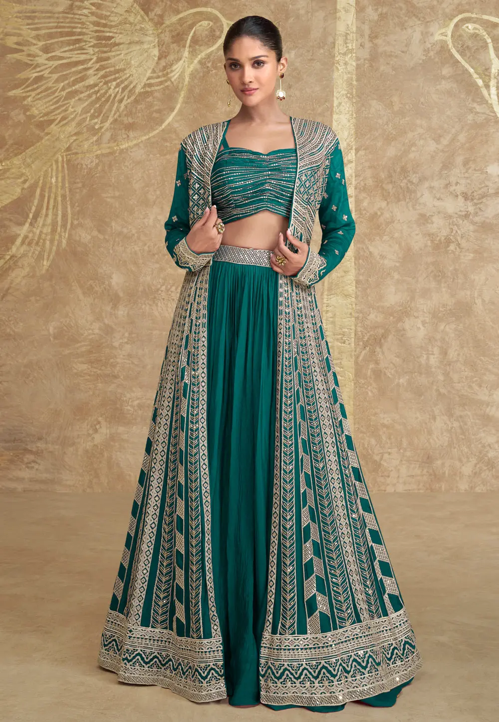 Green Chinon Silk Jacket Style Lehenga Choli 298645