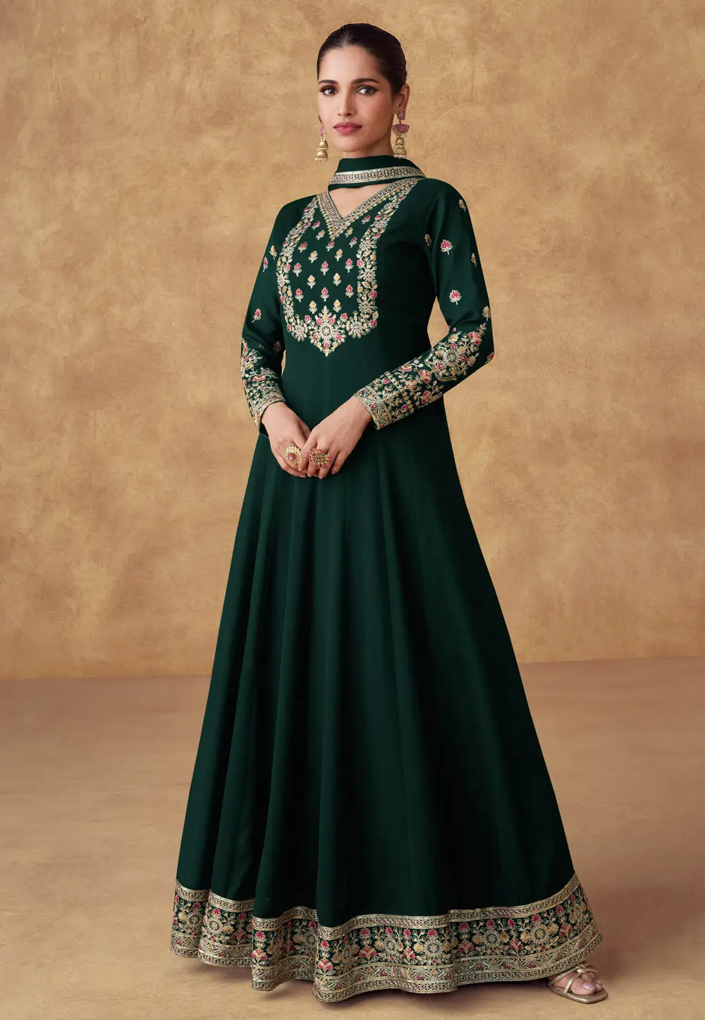 Green Chinon Silk Long Anarkali Suit 297099