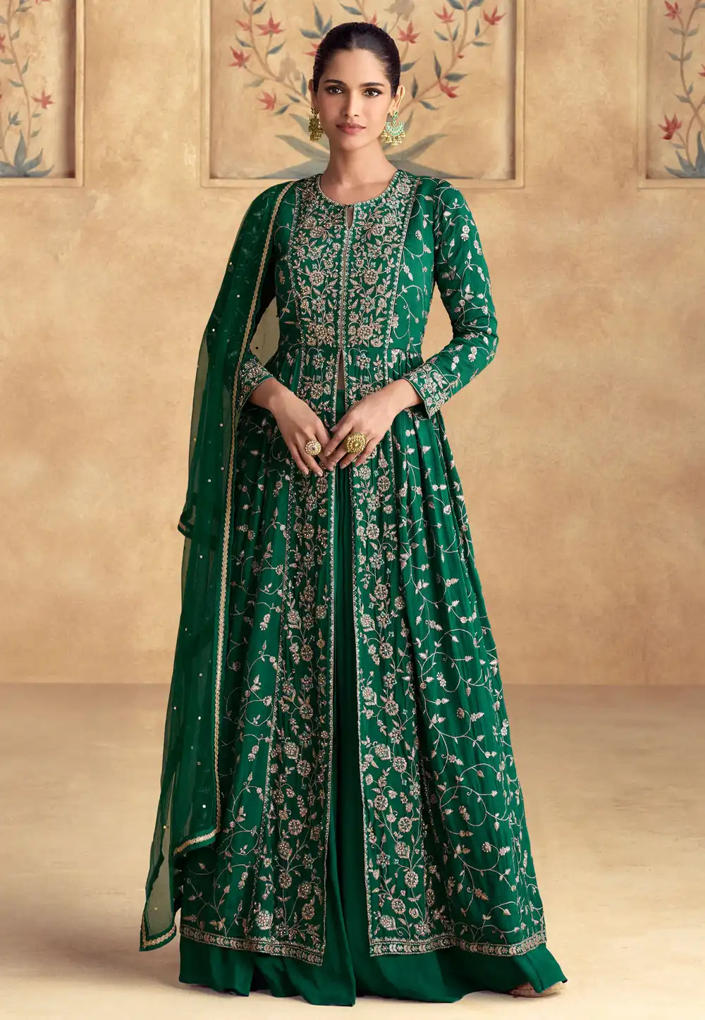 Green Chinon Silk Long Choli Lehenga 294436