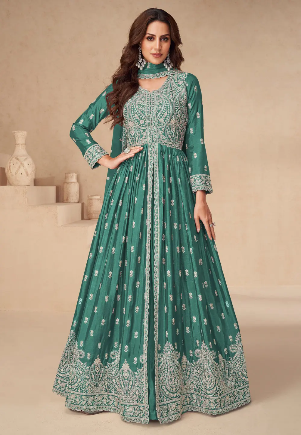 Green Chinon Silk Long Choli Lehenga 298650