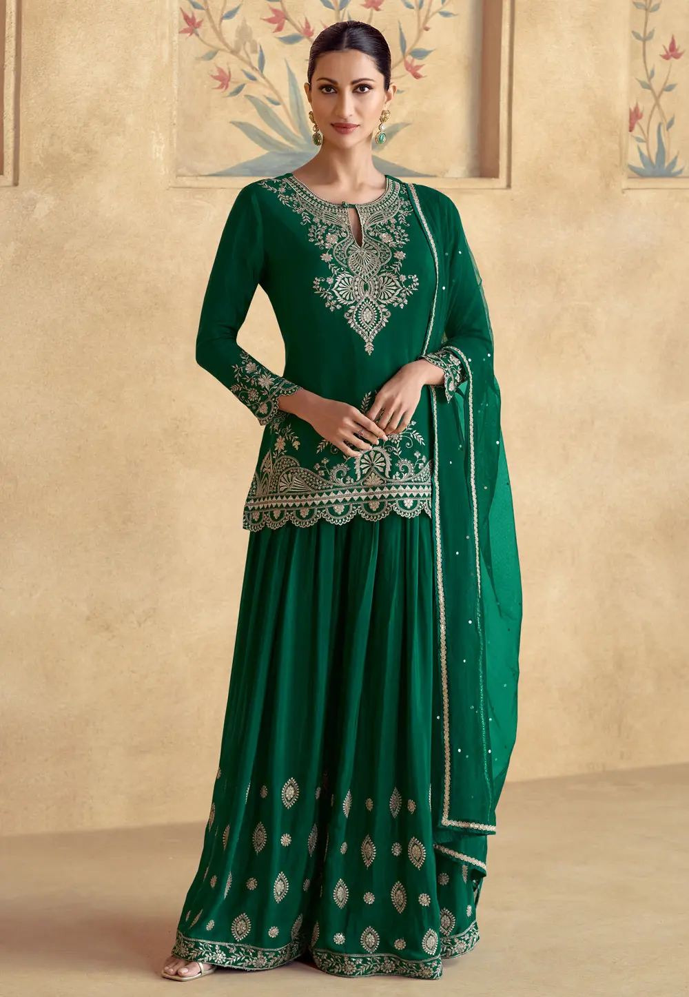 Green Chinon Silk Pakistani Suit 298531