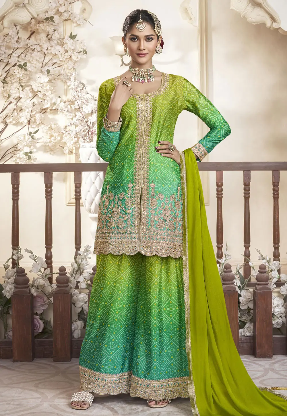 Green Chinon Silk Pakistani Suit 303897