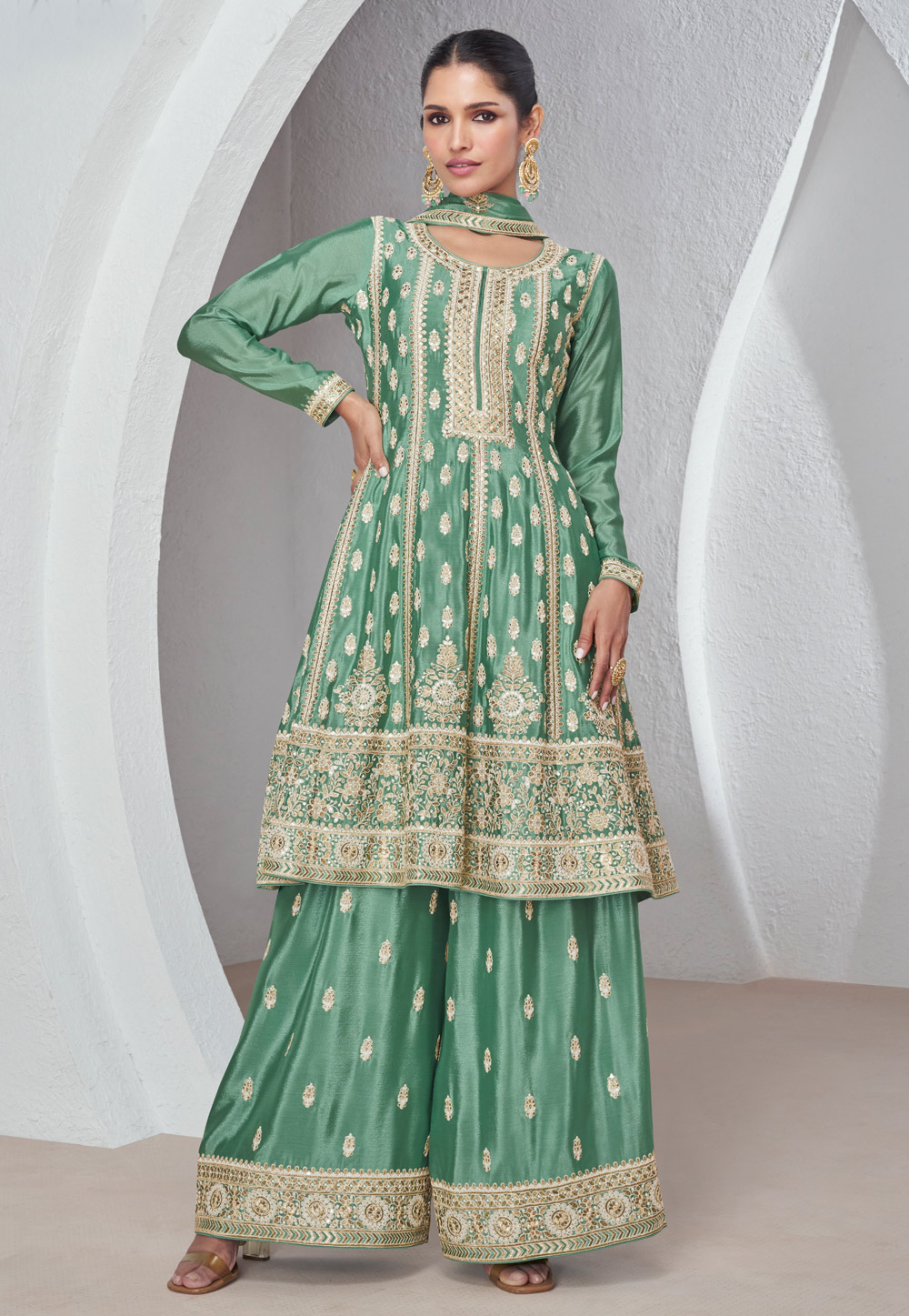 Green Chinon Silk Pakistani Suit 285669
