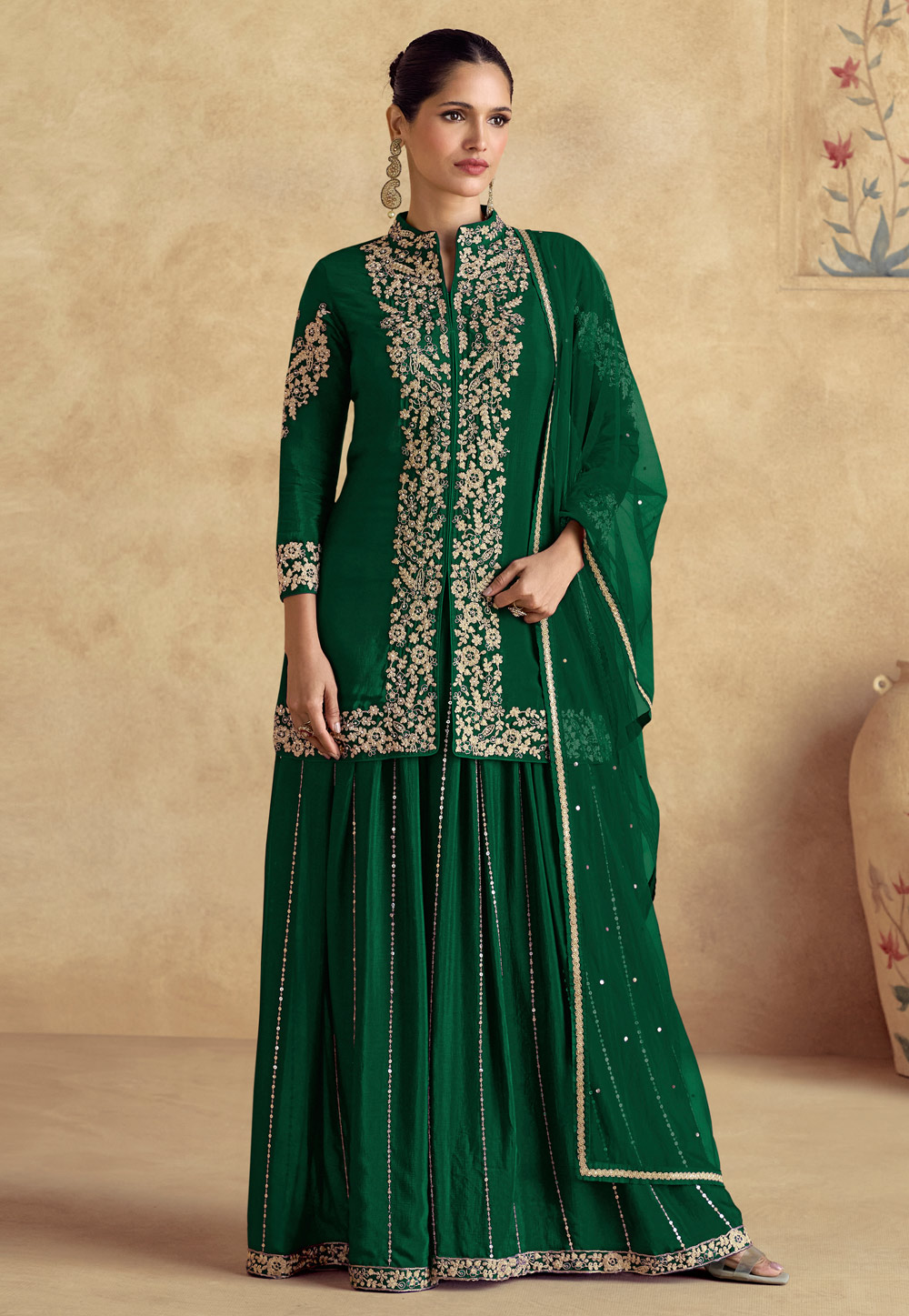 Green Chinon Silk Palazzo Suit 305095