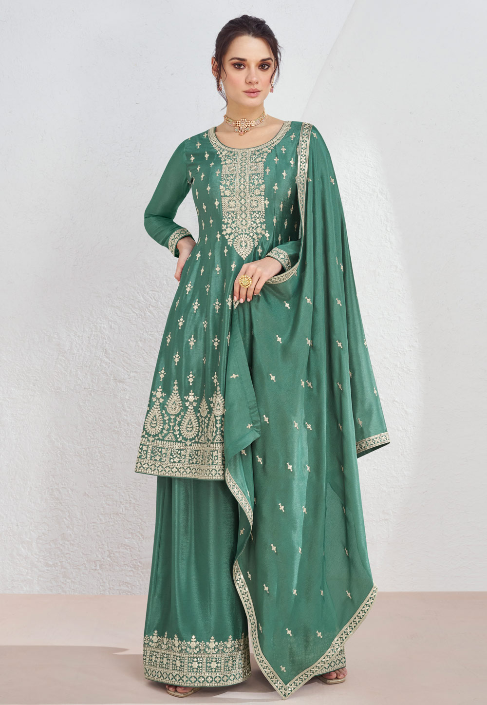 Green Chinon Silk Palazzo Suit 285040