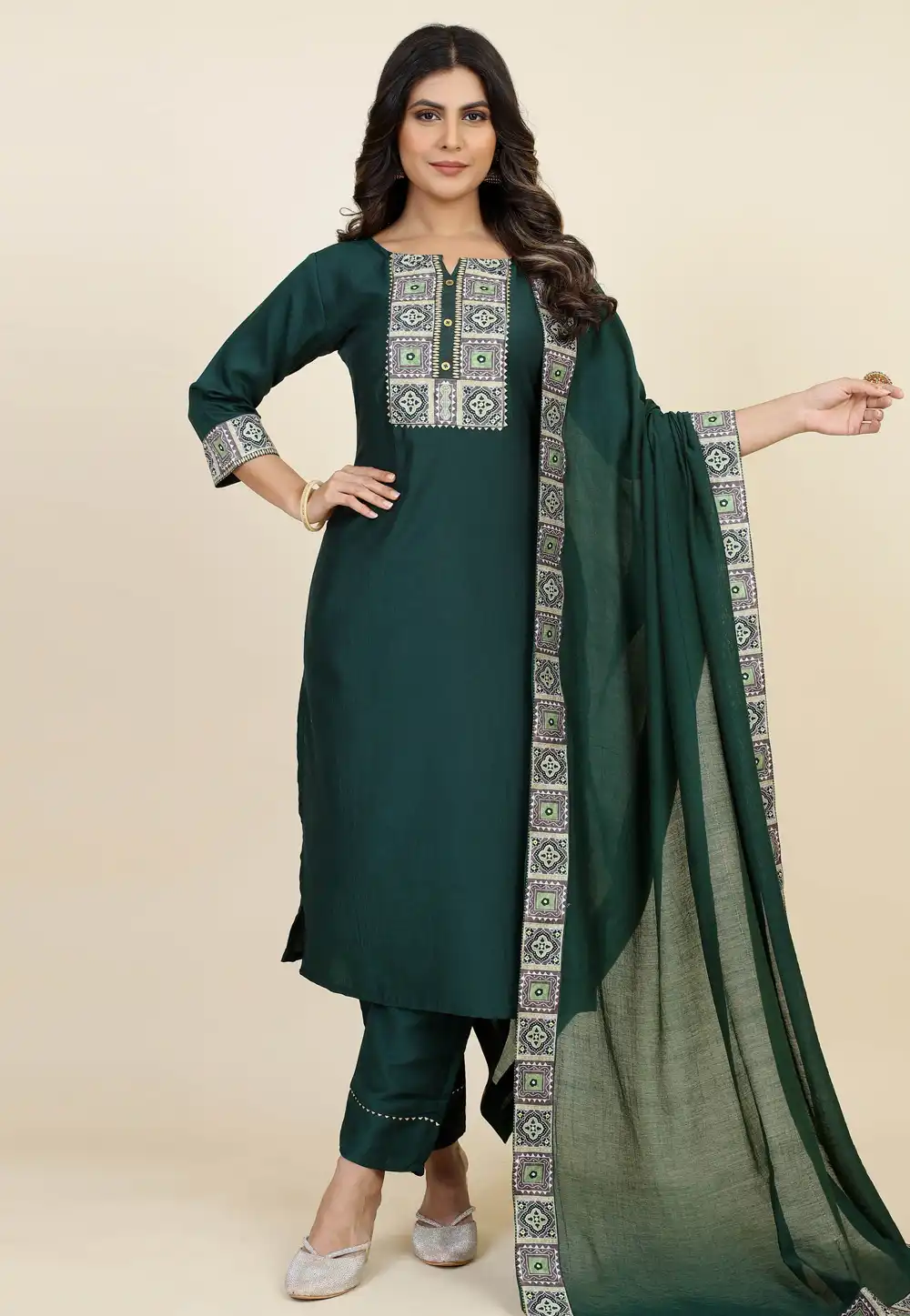 Green Chinon Silk Readymade Pakistani Suit 293836